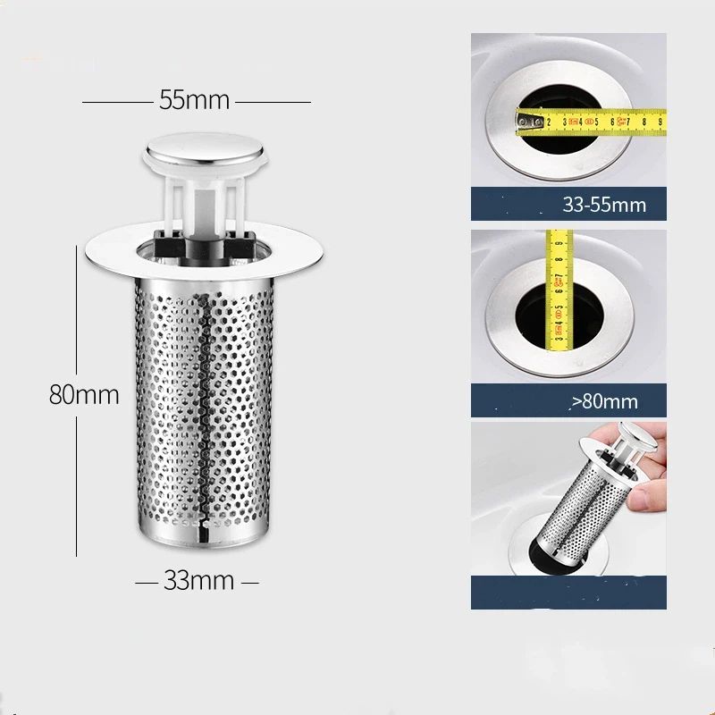 2PCS Bathroom Sink Stopper Strainer, Pop-Up Bathroom Sink Drain Strainer with Removable Stainless Steel Hair Catcher Basket, Universal Fit for US Bathroom Sinks, Bathtubs, Showers & Floor Drains(8*5.5*3.3cm)