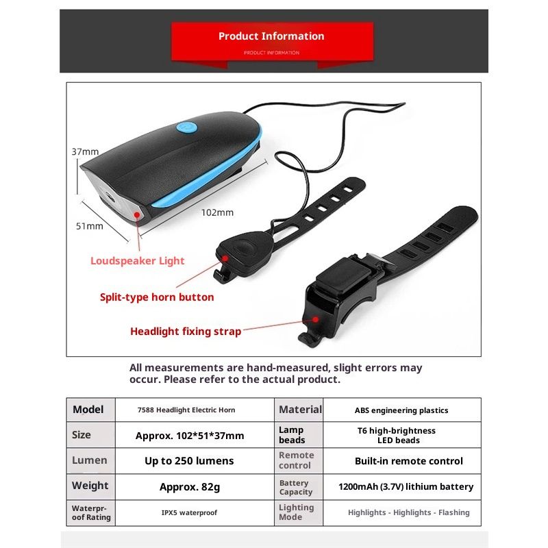 Bike Lights with Horn Set USB Rechargeable Bike Accessories for Kids Adults Waterproof Mountain, Night Riding(7588 horn headlights blue)