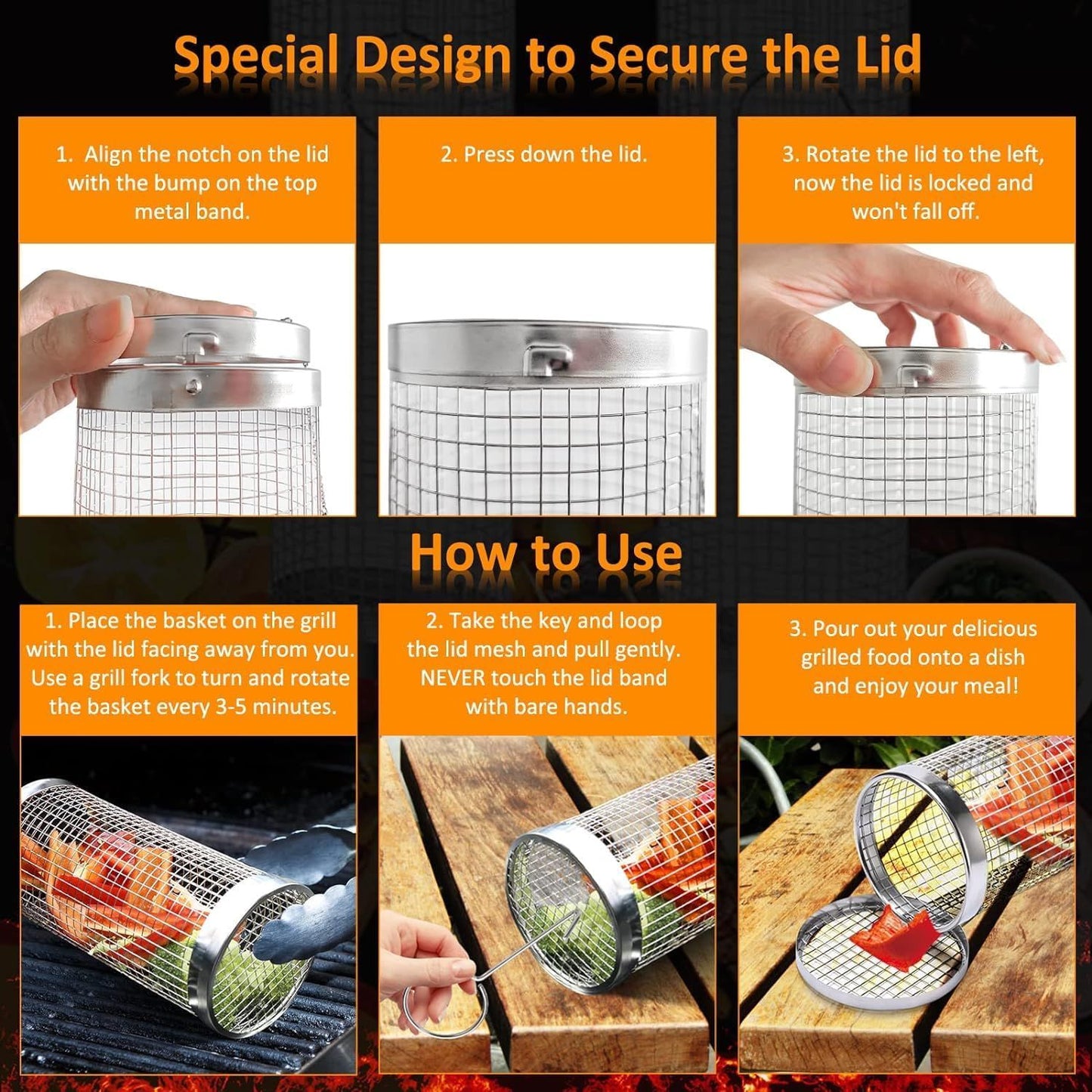 2PCS Rolling Grill Baskets for Outdoor Grill, Egg Accessories-Set Includes Fork, Hook, and Oil Brush-304g Stainless Steel-Perfect Gifts for Dad, Camping Must Haves, Unique Outdoor Gifts