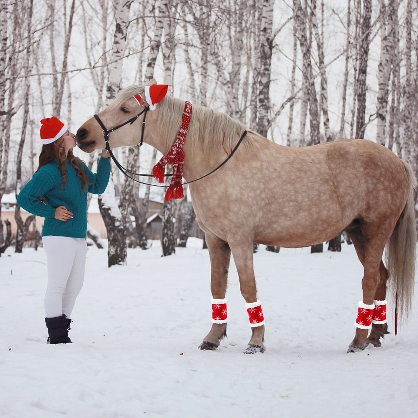 Christmas Red Horse Leg Protectors polar fleece Standing Wraps, Pack of 4,for Horses Leg Loose and Comfortable for Christmas Parades (Snowflake)
