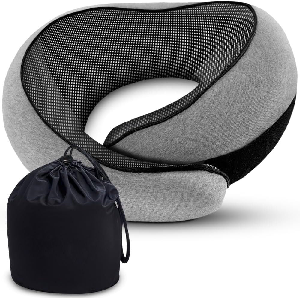 Travel Neck Pillow, Pure Memory Foam Neck Pillow for Airplanes, Comfortable Breathable Cover, 360 Degree Support Ergonomic Design Best for Sleeping Plane Train Travel Essentials