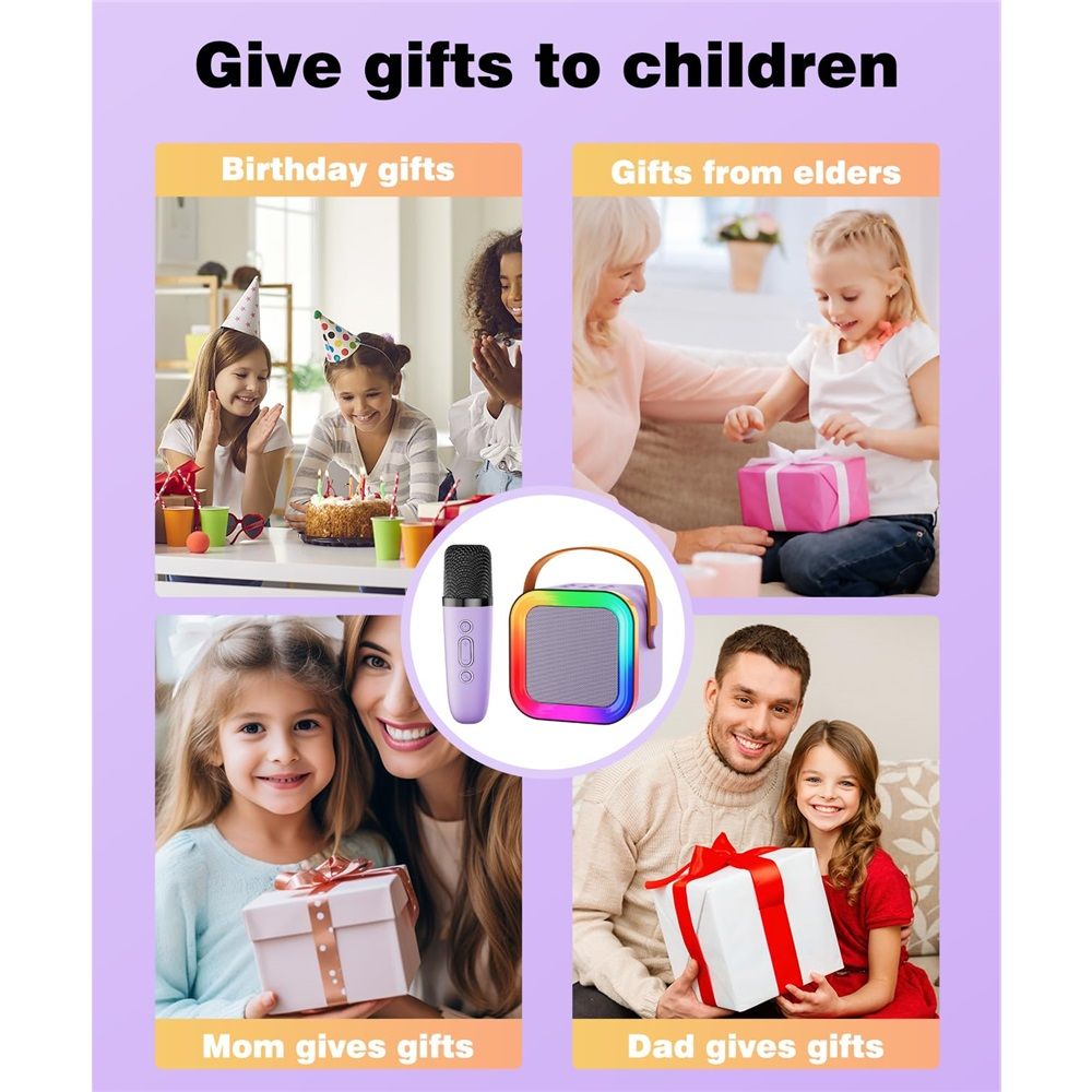 Mini Machine for Kids Girls & Boys - Portable Bluetooth Speaker with 2 Wireless Microphones - Kids Birthday Gifts for Ages 4-10 - Kids' Instrument Accessories - Purple