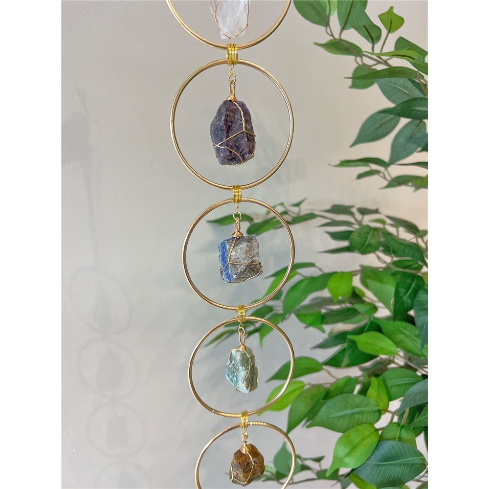 7 Chakra Crystal Hanging Ornament, Unique, Spiritual Boho Wall Decor, Raw Chakra Stones Amethyst Suncatcher, Rose Quartz Crystal (Gold)