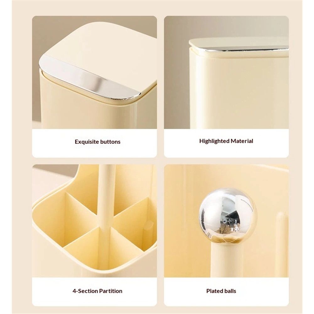 Makeup Brush Holder with Lid,4 Slots Makeup Brush Organizer,Automatic Lifting Makeup Cosmetics Organizer,for Vanity Decor,Bathroom Countertop,Dustproof Cosmetic Brushes Container(Cream yellow)