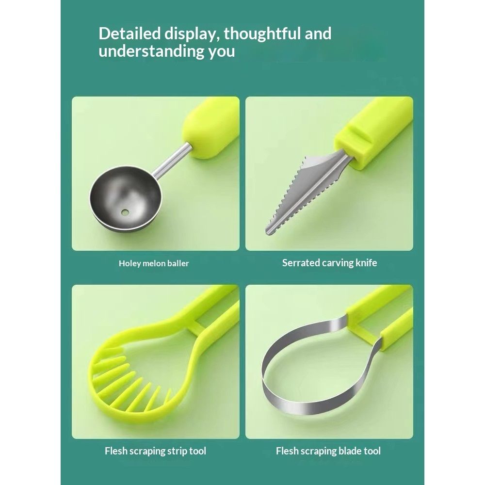 2 PCS Melon Baller Scoop Set, 4 in 1 Stainless Steel Stainless Steel Fruit Tool Set, Fruit Carving Tools for Dig Pulp Separator, Watermelon Cutter Slicer Fruit Scooper (Green + Purple)