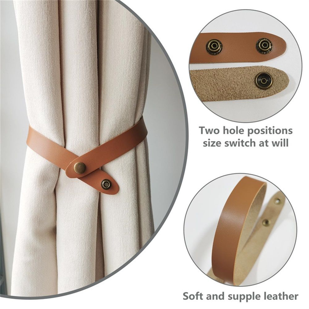 Set of 4 Leather Curtain Tiebacks, Modern Faux Leather Curtain Straps with Adjustable Buttons, No Drill Holdbacks for Bedroom, Living Room, Hotel, Office,light brown