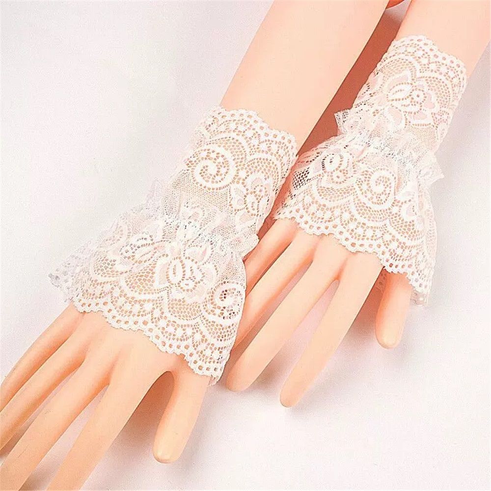 2 pairs Women's Short Lace Gloves Fingerless for Driving Wedding Wrist Length Bridal Prom Gloves(white)