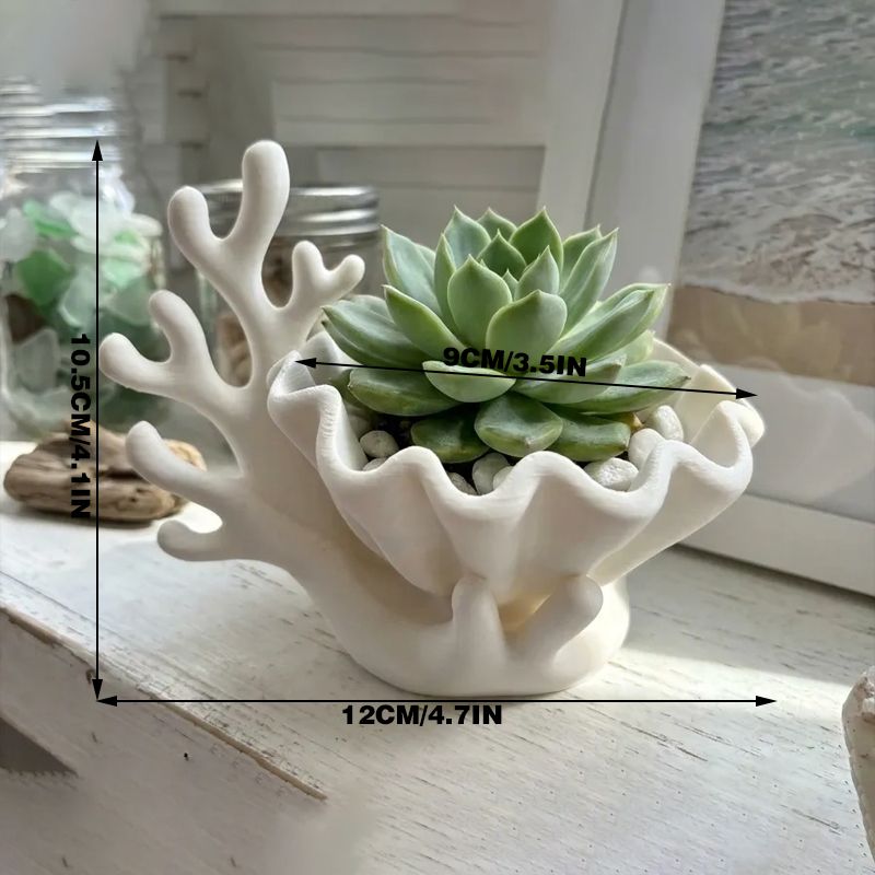 3D-printed coastal coral and clam shell succulent planter pot, white