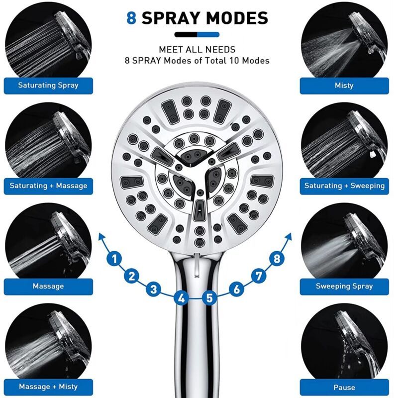 Square Shower Head with Hose Chrome 10 Mode Adjustable High Pressure Hand Shower, 1.5M Hose
