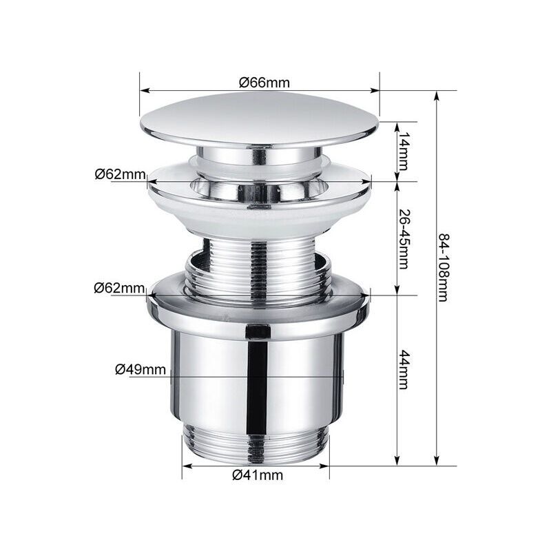 Chrome Copper Pop Up Sink Drain with Universal Automatic Overflow Large Drainage