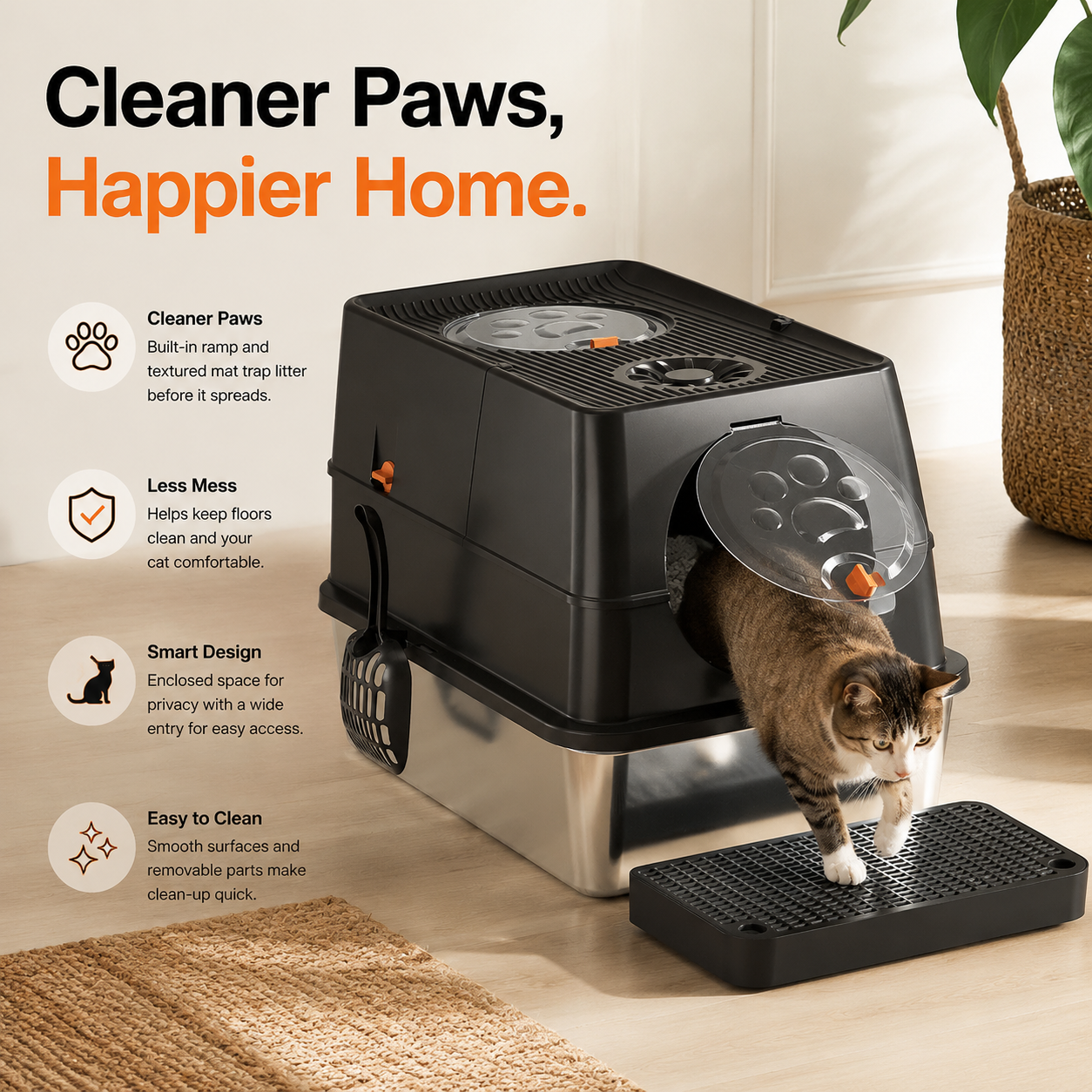 Dark Grey Large Stainless Steel Cat Litter Box, Foldable Covered Cat Litter Tray with Round Top & Round Door, Front Entry Top Exit, Anti Tracking Mat, Scoop and Charcoal Filter