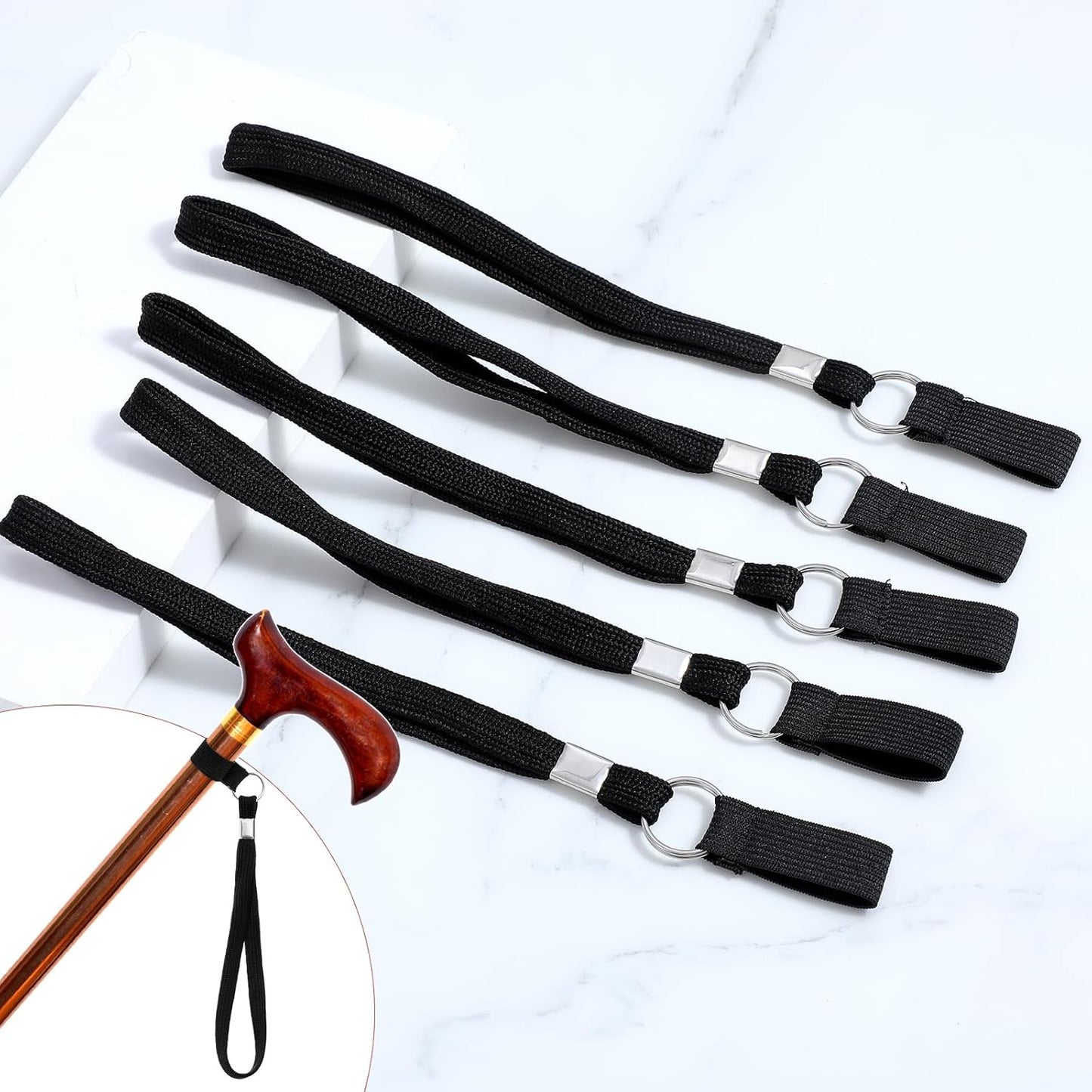 5PCS Walking Cane Wrist Strap Replacement, Black Adjustable Wrist Strap Lanyard Elastic Loop Universal Walking Cane Handle Crutch Straps Accessories for Foldable Sticks Standing Canes Seniors Crutches