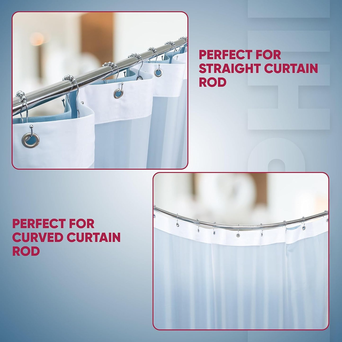 Shower Curtain Hooks Rust Proof (Set of 12) - Stainless Steel Shower Curtain Rings - Anti Slip Roller Balls for Easy Glide (Omega Double Hooks, Polished Nickel)