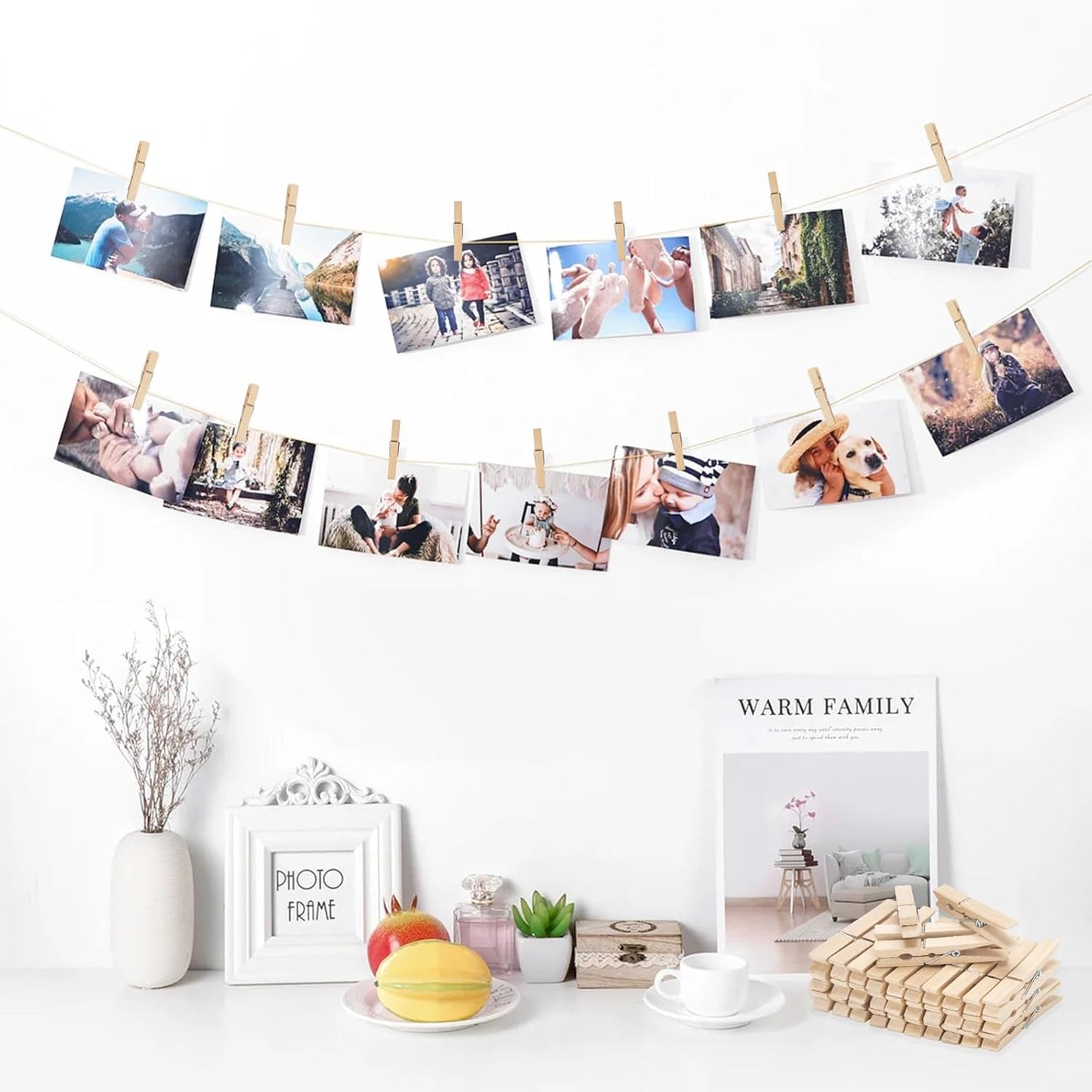 Wooden Clips with String, 50Pcs 2.9Inch Large Clothes Pins, Natural Brown Photo Hanging Clip, Wooden Decoration Clips for DIY Crafts, Storage Bags, Cheer Pins, Hanging Clothes