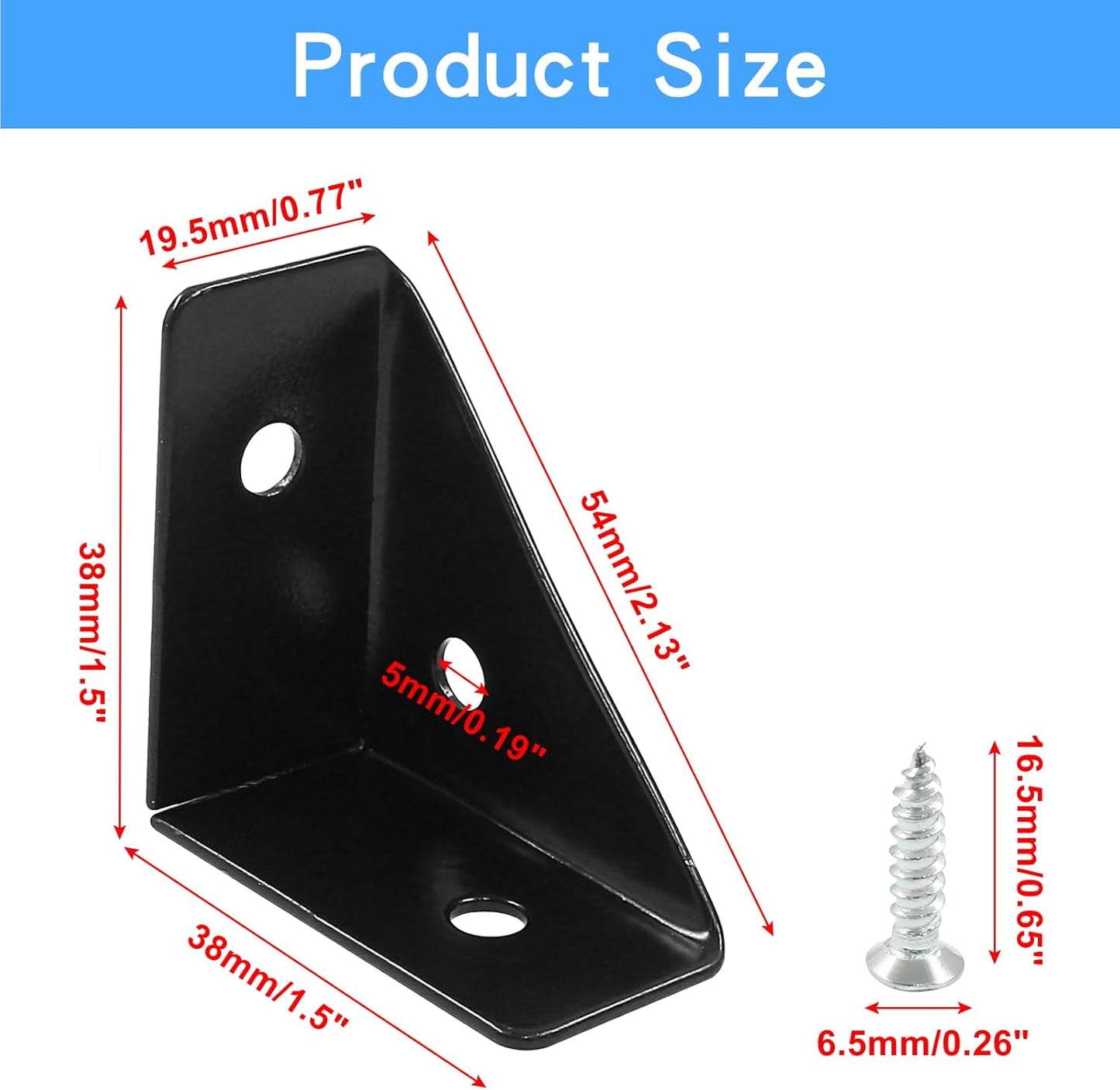 12pcs Angle Corner Shelf Bracket 38mm x 38mm, Cold Rolled Steel Corner Support, Triangular Bracket with Screws for Desk Bed Corner (Black)