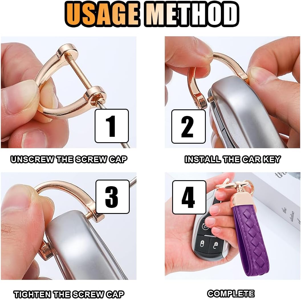 Genuine Leather Car Keychain, 360 Degree Rotatable Handmade Knit Sheepskin Keychain, Key Fob Holder with Anti-Lost D-Ring (Purple)