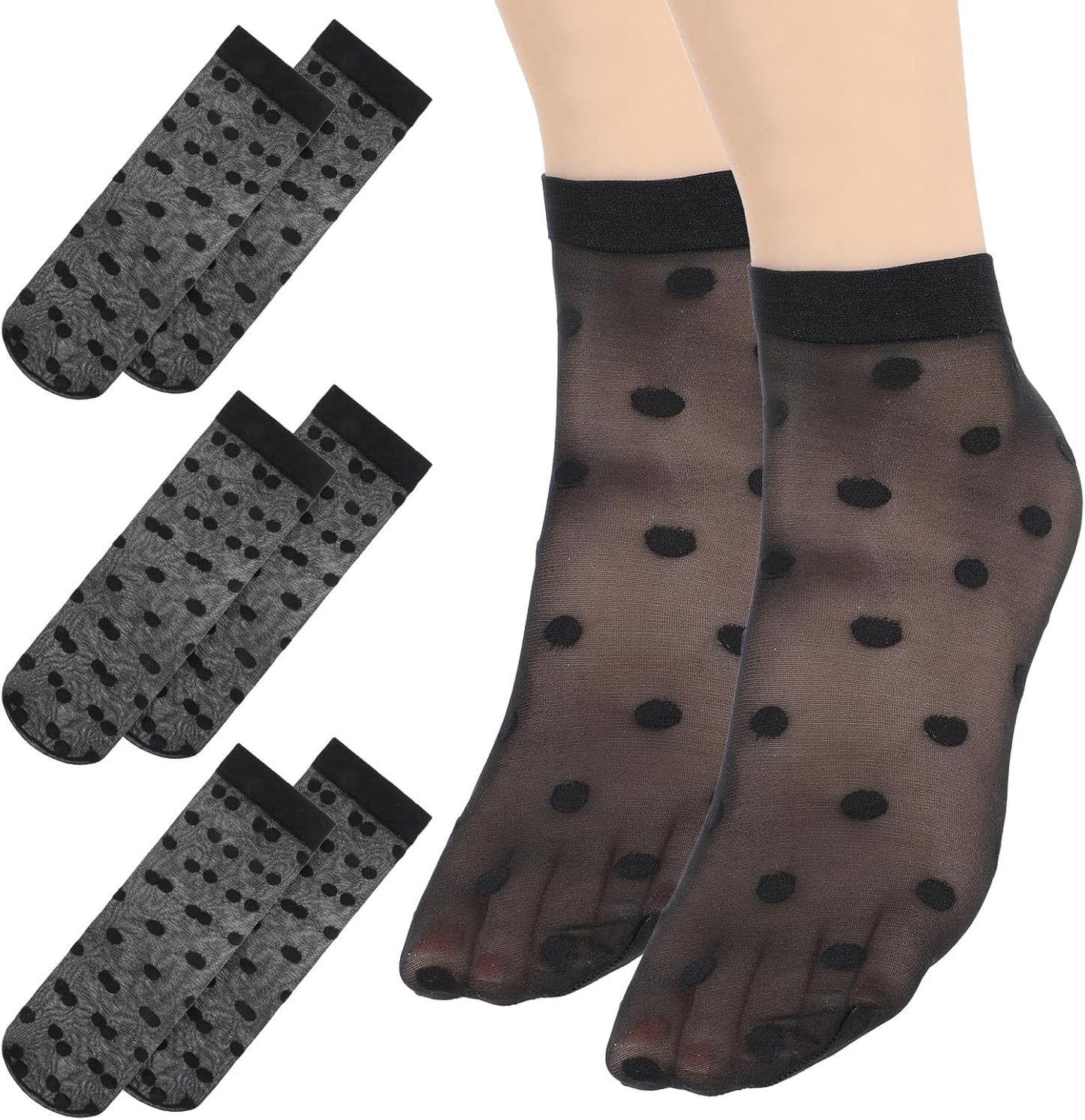 3 Pairs Women Sheer Ankle Socks, Sheer Polka Dot Ankle Dress Socks for Women, Stretchy Breathable Reinforced Toe Nylon Thin Fishnet Mesh Elegant Casual Lace Trouser Sockings (Black)