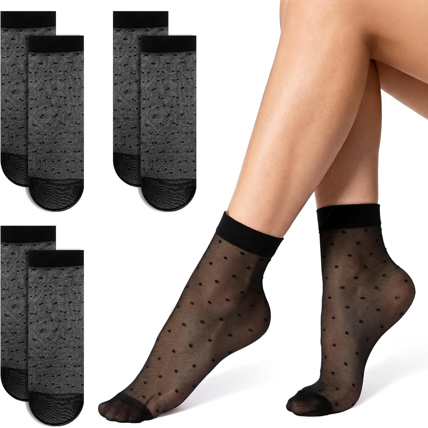 3 Pairs Women Sheer Ankle Socks, Black Polka Dot Short Stockings with Dots Patterns, Nylon Mesh Lace Breathable See Through Reinforced Toe Dress Socks for Summer Casual Elegant Wear