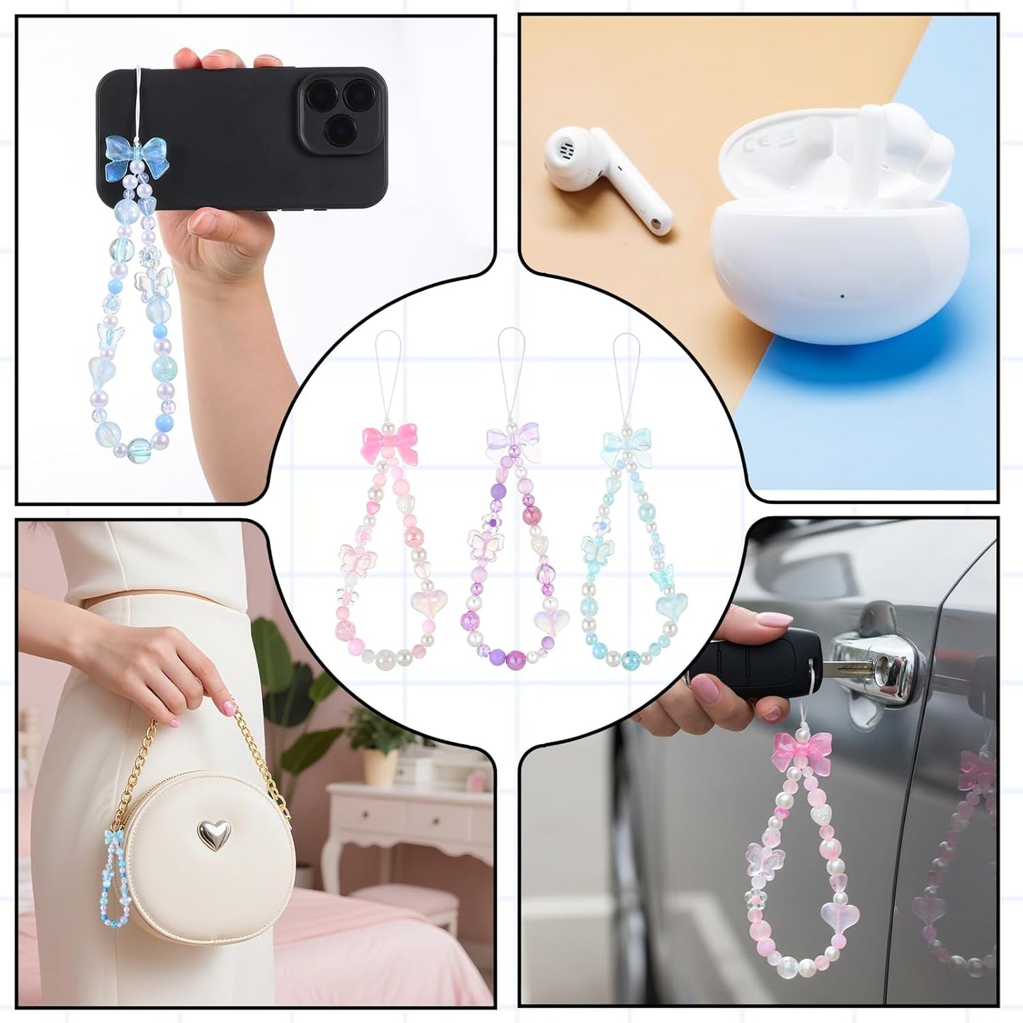 Beaded Phone Charms Strap, 3 Pcs Camera Charm Strap Wristlet Keychain Butterfly Flower Heart Bow Lanyard Chain Cute Lanyard Wrist Straps Cellphone Charm for Phone Case, Wallet (Pink, Purple, Blue)