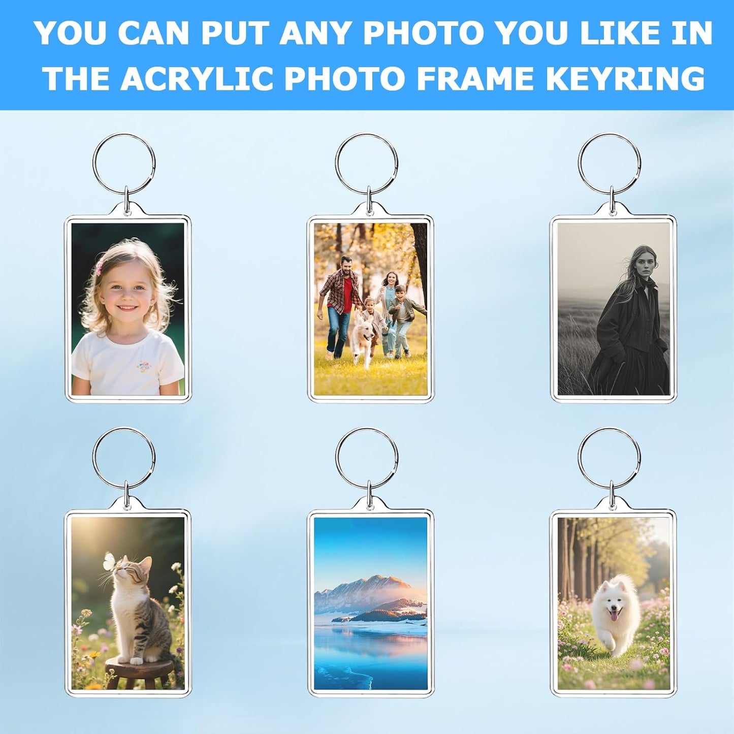 6-Pack Photo Keychain -2.75''x 1.97'' Acrylic Clear Keyrings Picture Frame Keychains - Double Sided Blank Photo Key Fob Holder with Split Ring for DIY Personalised Photo Gift
