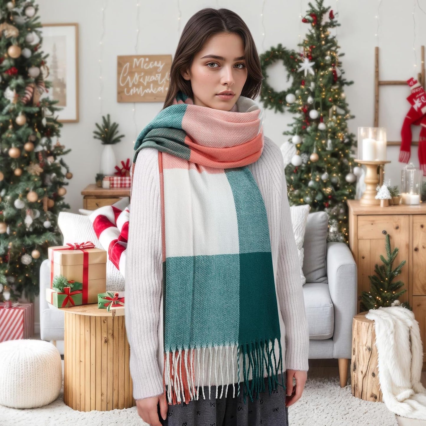 Womens Winter Scarf, Fashion Cashmere Feel Plaid Scarfs for Women, Pashmina Shawls and Wraps, Long Blanket Scarf