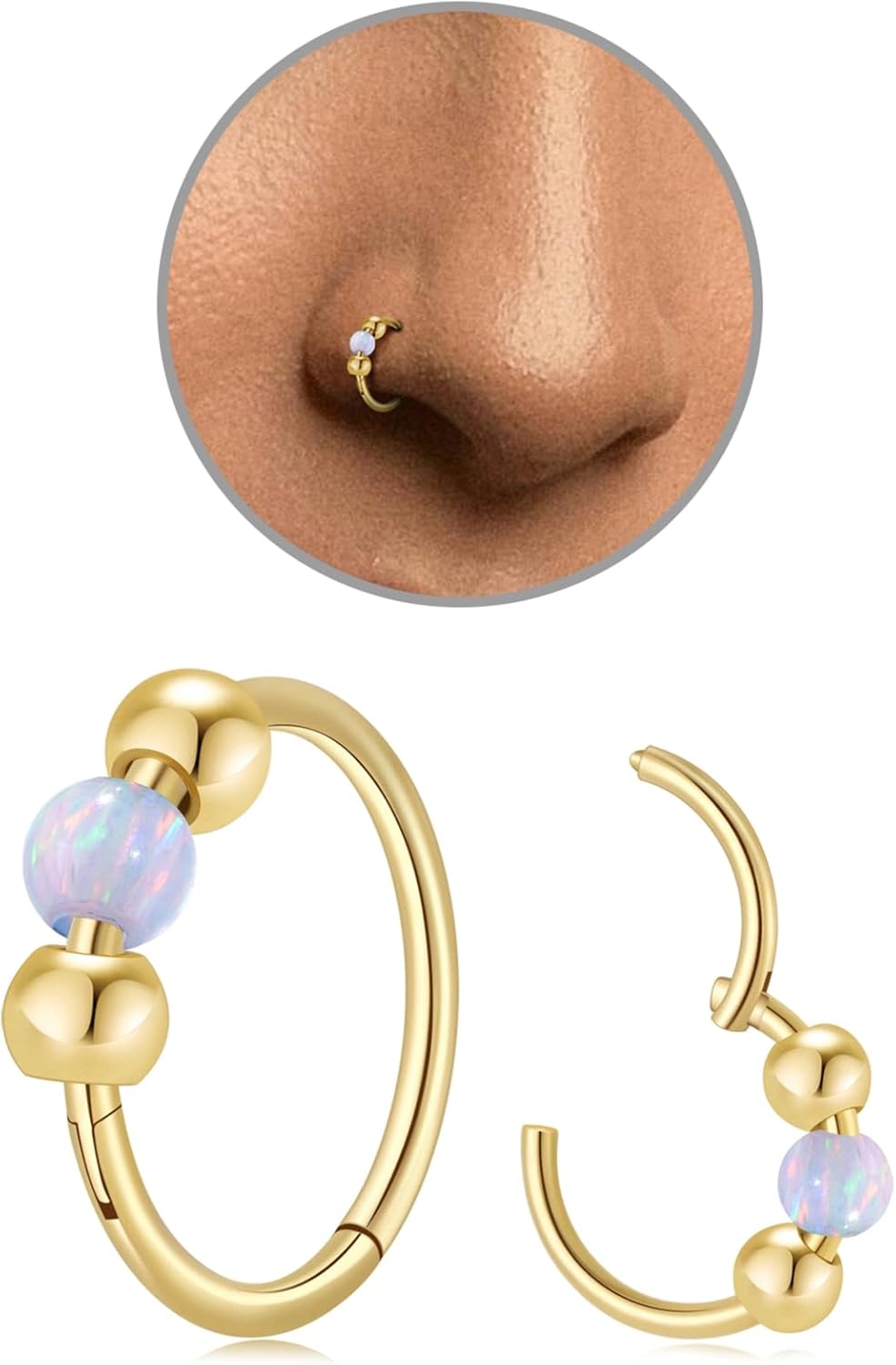 Kvekstio Opal Nose Ring Set for Women, Stainless Steel Septum Noses Body Piercing Jewelry, Cartilage Nosing Rings
