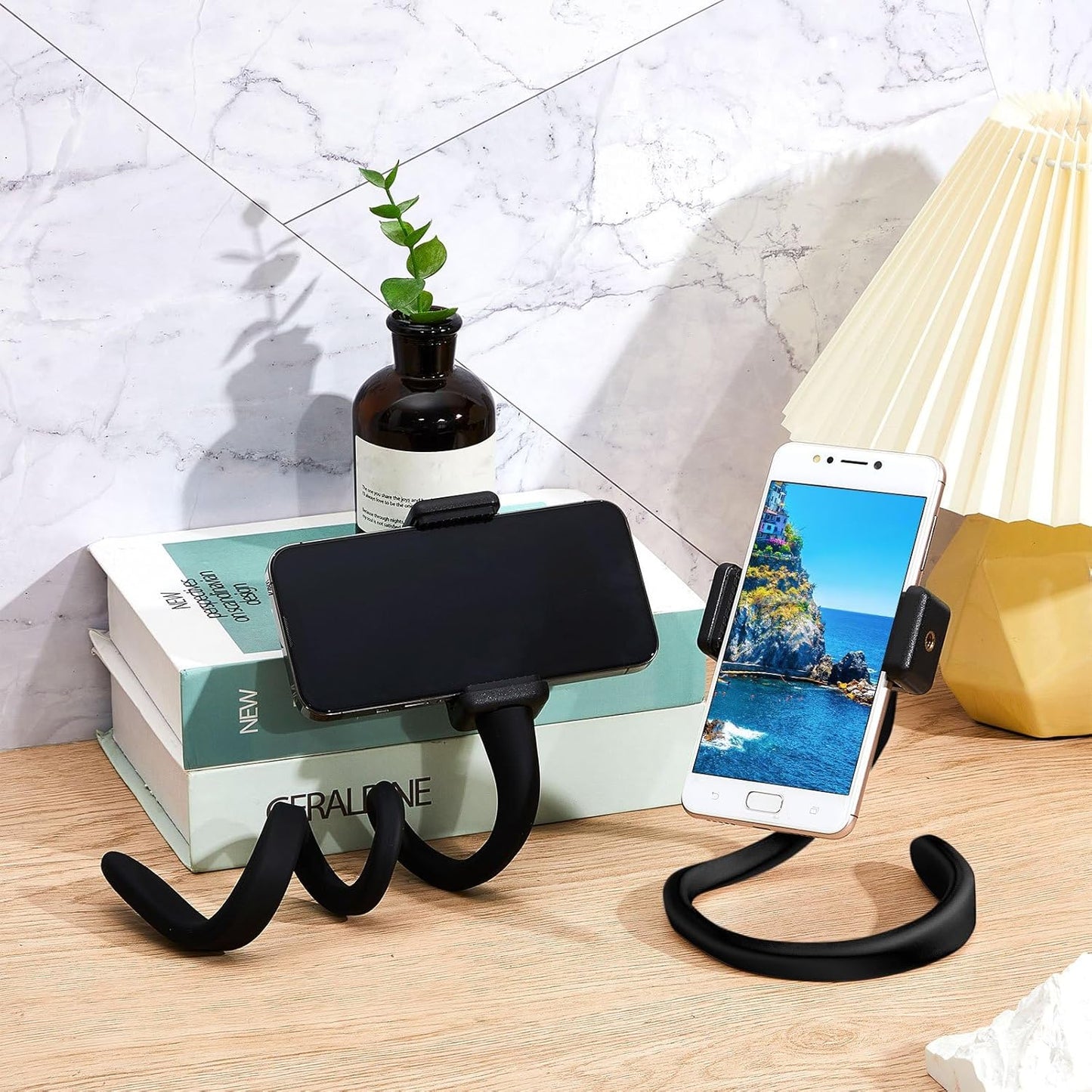 Amylove 2 Pcs Stroller Phone Holder Portable Cell Phone Holder Stand Universal Stroller Accessories for Parent Baby Toddler Cellphone Clamp with Non Slip Silicone Arm Grip(Black,Novel)