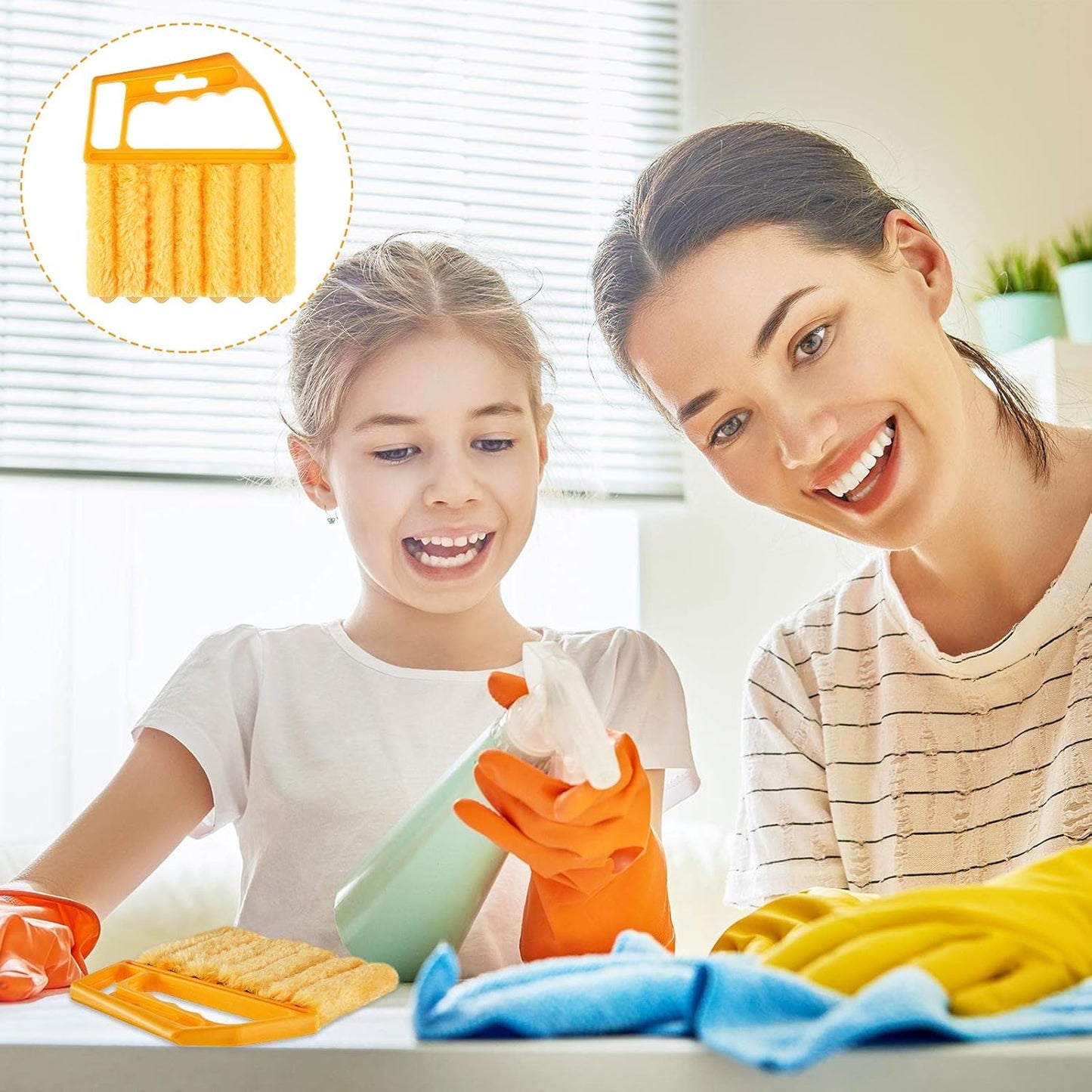 2 Pcs Window Venetian Blind Cleaner Duster Tool Washable 7 Fingers Dusting Cleaner and Air Vent Shutter Brush Blinds Air Conditioner Fan Duster Dirt Housekeeping Tool (Orange Handle)