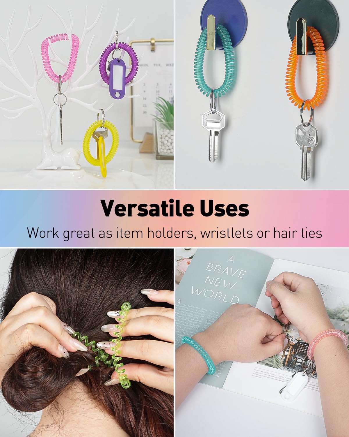 10 Color Wristlet Keychain Flexible Plastic Spring Spiral Coil Key Holder with Key Ring Chain