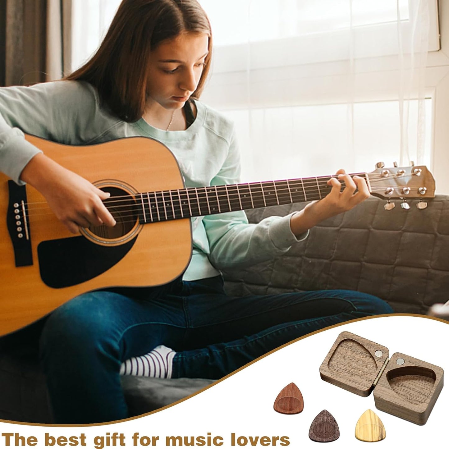 Wood Guitar Picks with Guitar Pick Box, Personalized Guitar Picks Holder, Guitar Pick Case Storage for Boyfriend Coworker Son Husband, Guitar and Bass Accessories(1Guitar Pick Holder & 3 Guitar Picks)