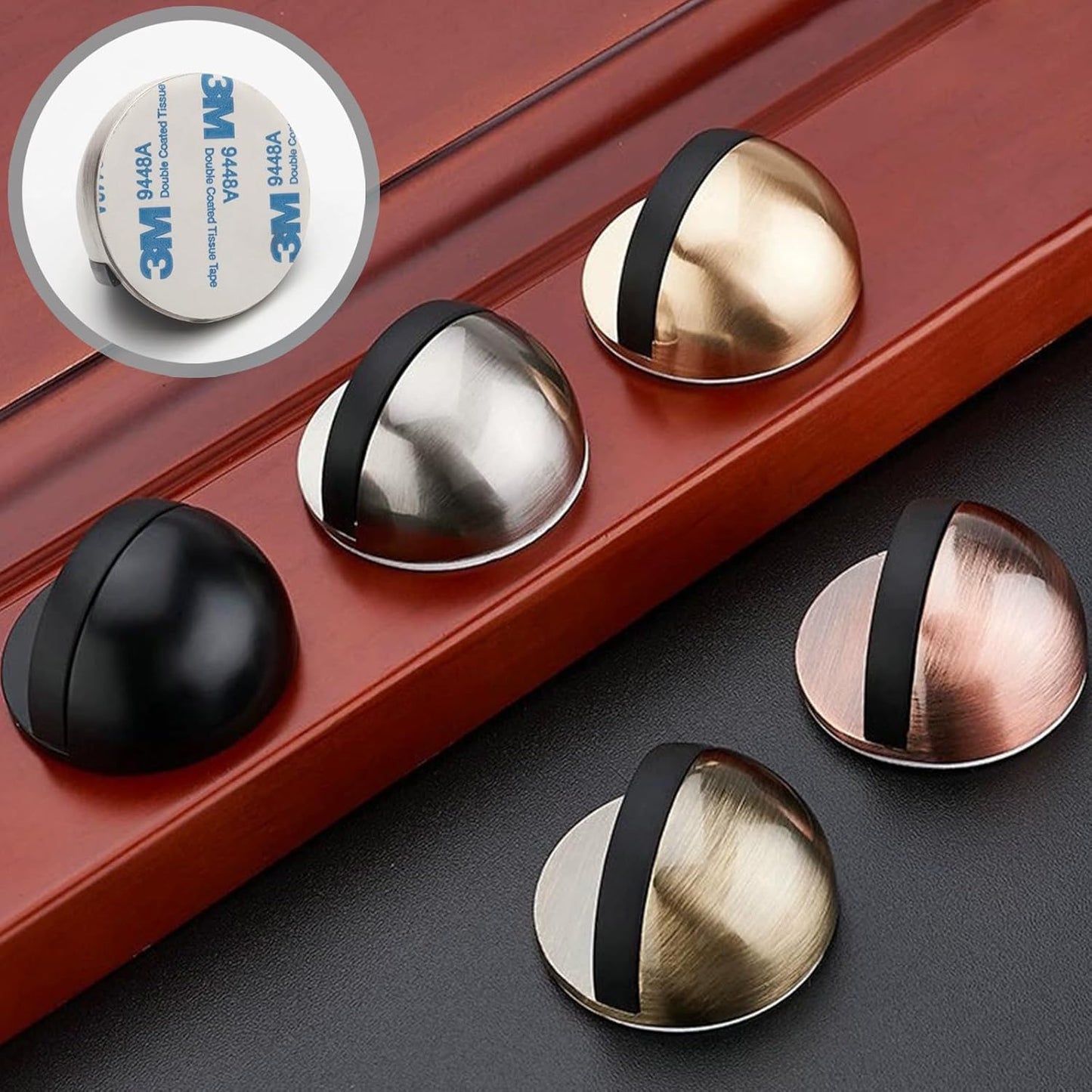 Drill-Free Floor Mounted Door Stoppers 3M Adhesive Self Adhesive Door Stoppers with Black Rubber Bumper Tips Floor Mount Half Dome Door Stopper for Office Bedroom Living Room Shower Room (Bronze-2Pcs)