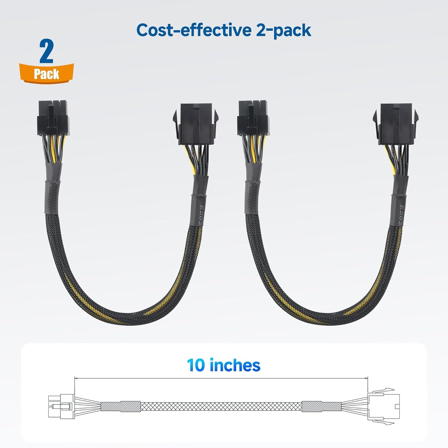 2-Pack 8 Pin PCIe Extension Cable - 10 Inches (Male to Female, NOT for Direct PSU Use), 8 Pin GPU Power Extension Cable (Not 6+2Pin)