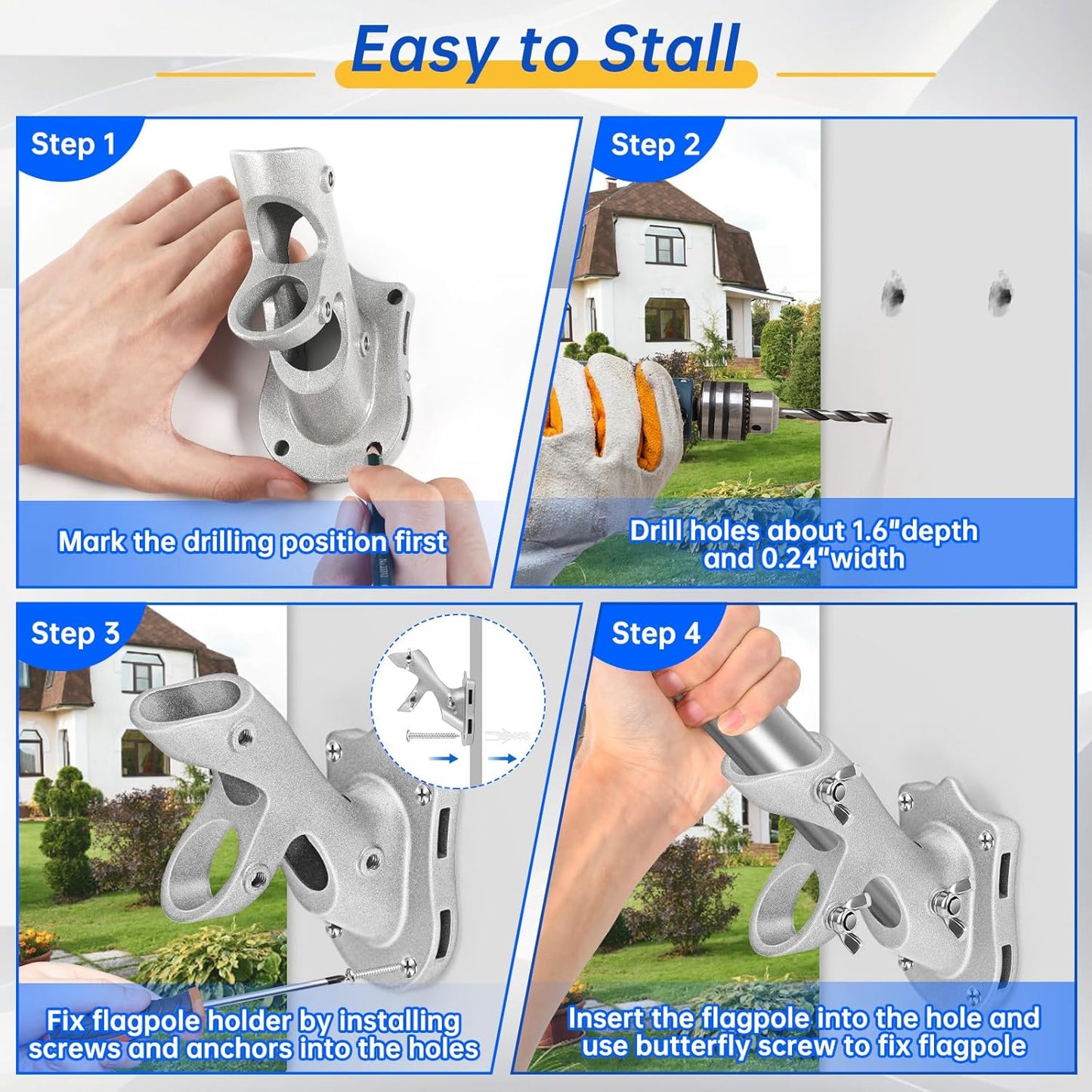 Flag Pole Holder, Flag Pole Brackets Mount Outside House Heavy-Duty Aluminum Metal Rust Proof Bracket 1" Inner Diameter 2 Positions with Hardwares for Outdoor Wall Mounting Porch( Silver-1 Pack)