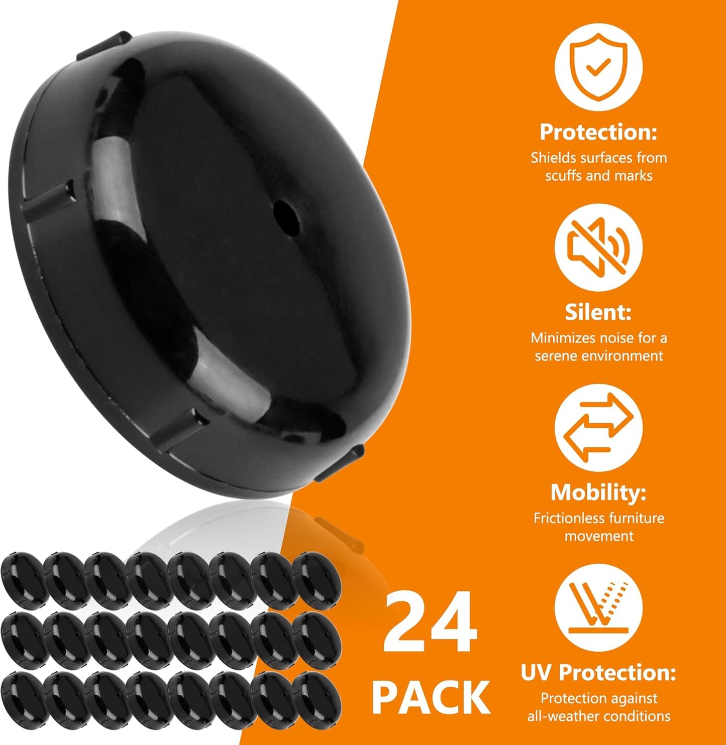 24-Pack Wrought Iron Patio Furniture Feet Caps 1-1/2 Inch Plastic Outdoor Patio Chair Leg Caps Floor Protecting Replacement Feet Glides for Metal Tables and Chairs, Black
