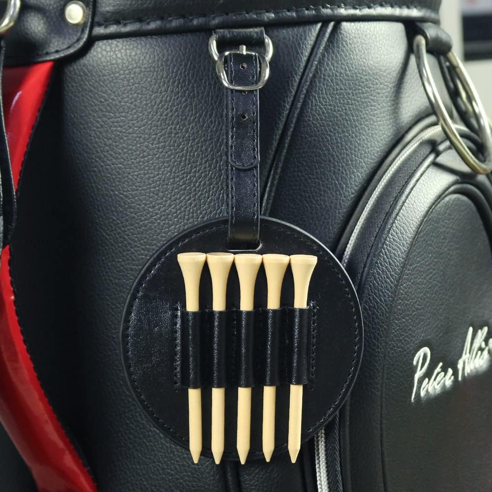 Leather Golf Tee Holder with 5 Wooden Tees 3-1/4 Inch Hook for Golf Bag Strap Hanging