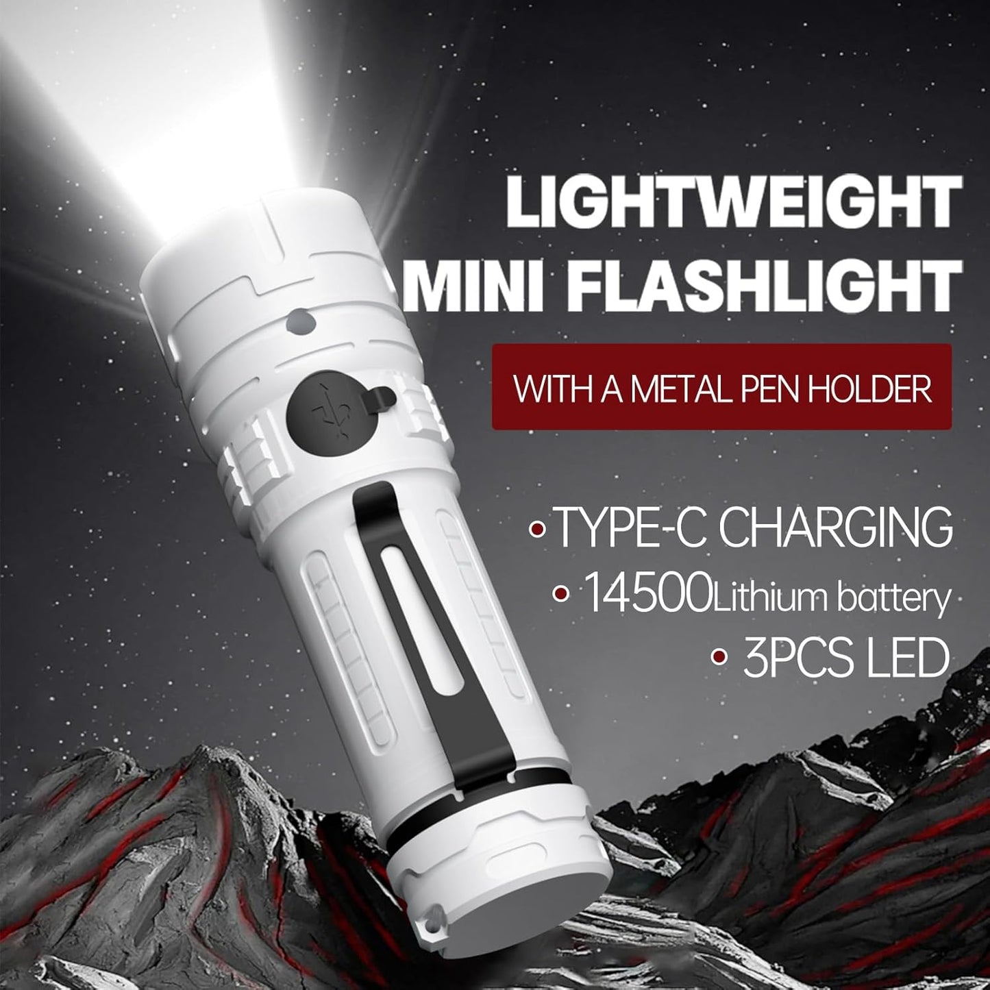 Rechargeable LED Torch - White - 1 Piece - Lightweight Portable Flashlight for Camping Backpacking Hiking