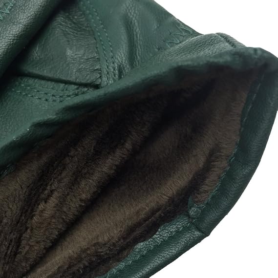 Military Green Winter Leather Gloves - Warm Fleece Lined - Stylish Size L