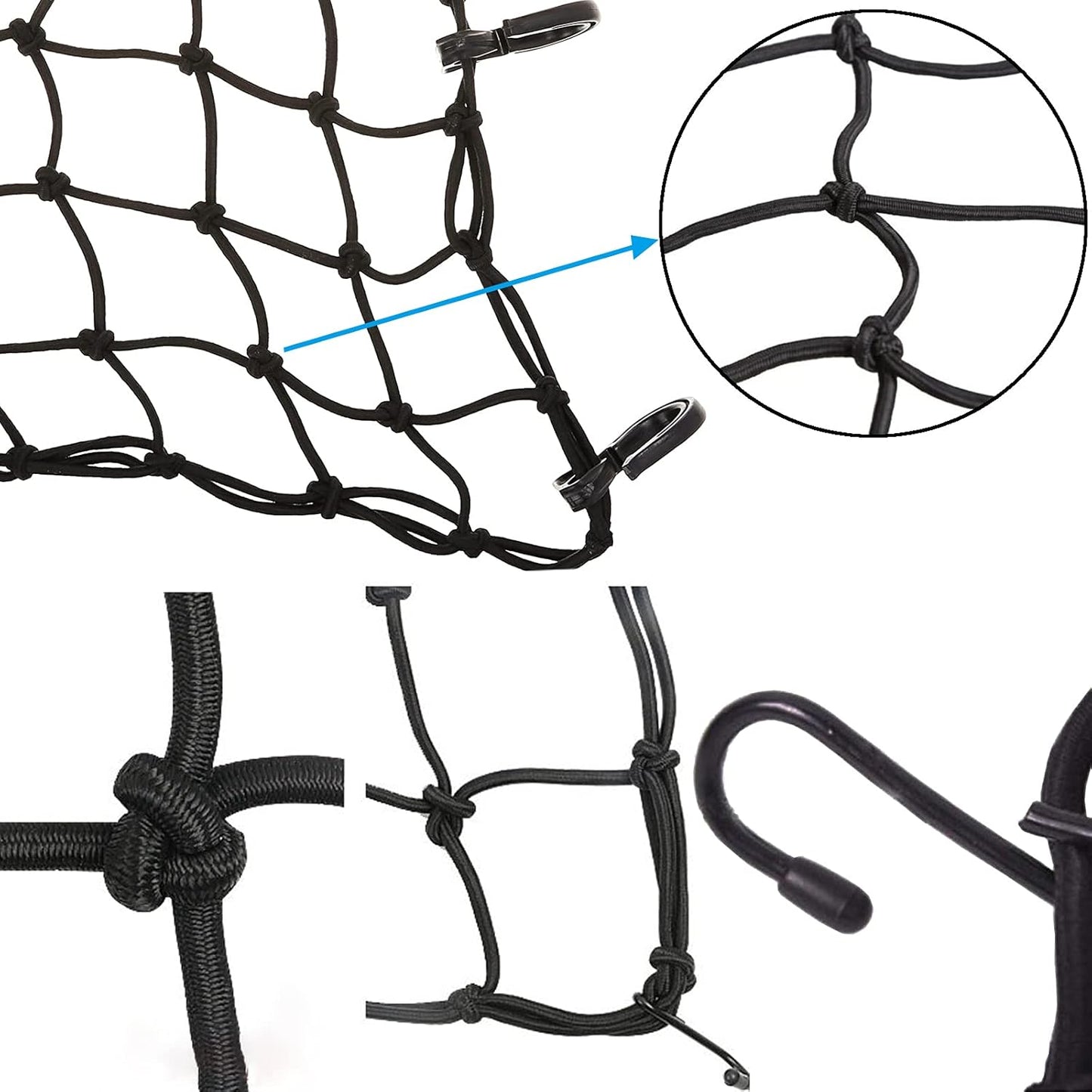 2 Pack 40x40cm Elastic Motorcycle Cargo Net with 6 Anti-Scratch Hooks for Scooter Helmet Storage - Black