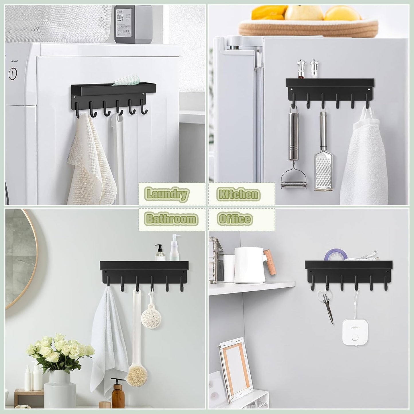 Magnetic Key Holder Wall Mount, Compact Metal Key Rack with Tray, 6 Hooks, 2 Mount Options, Black