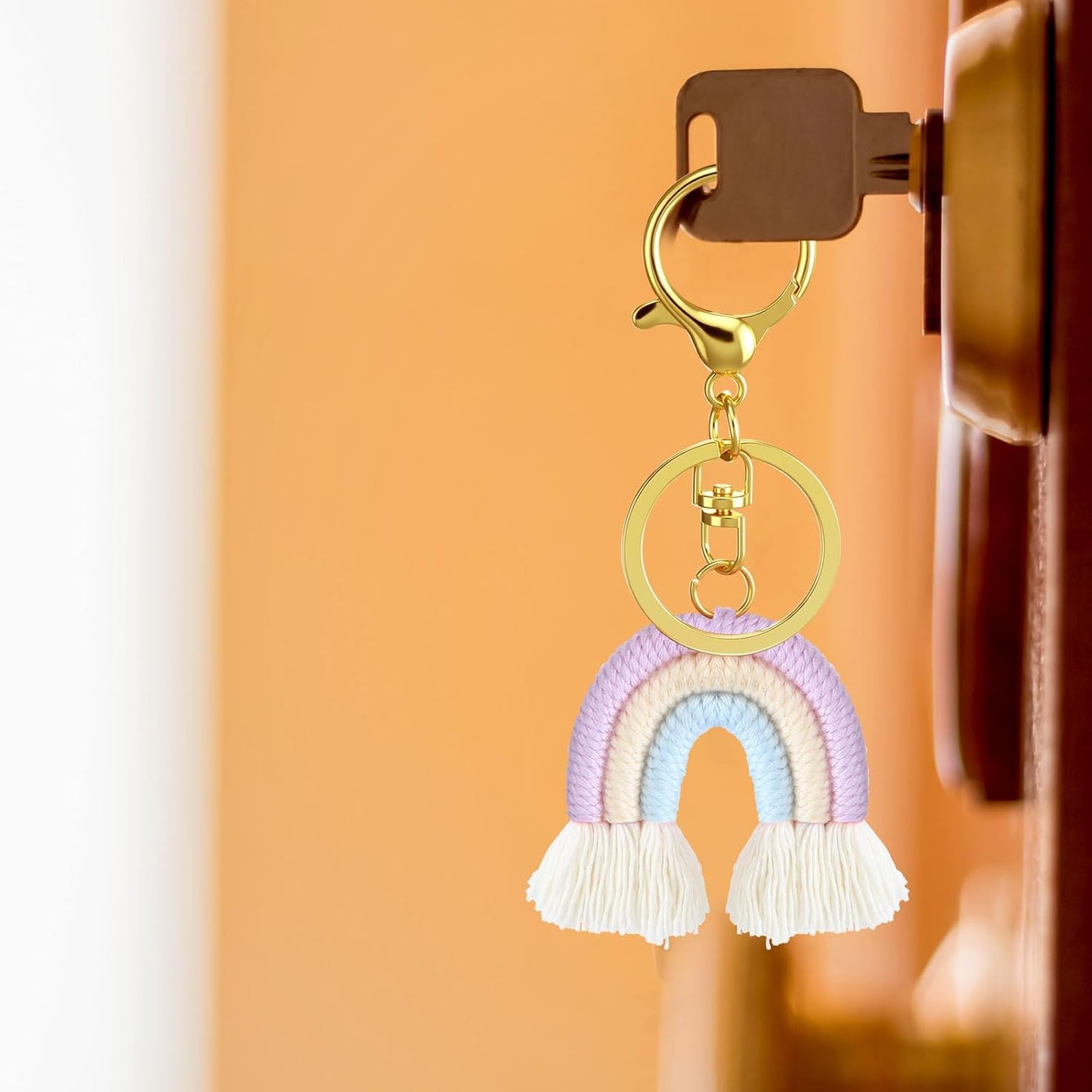 Landhoow 6 Pcs Boho Rainbow Keychains Bulk Women Macrame Rainbow Key Chains Mini Tassel Keychains Car Keyrings Holder(Pastel Color)