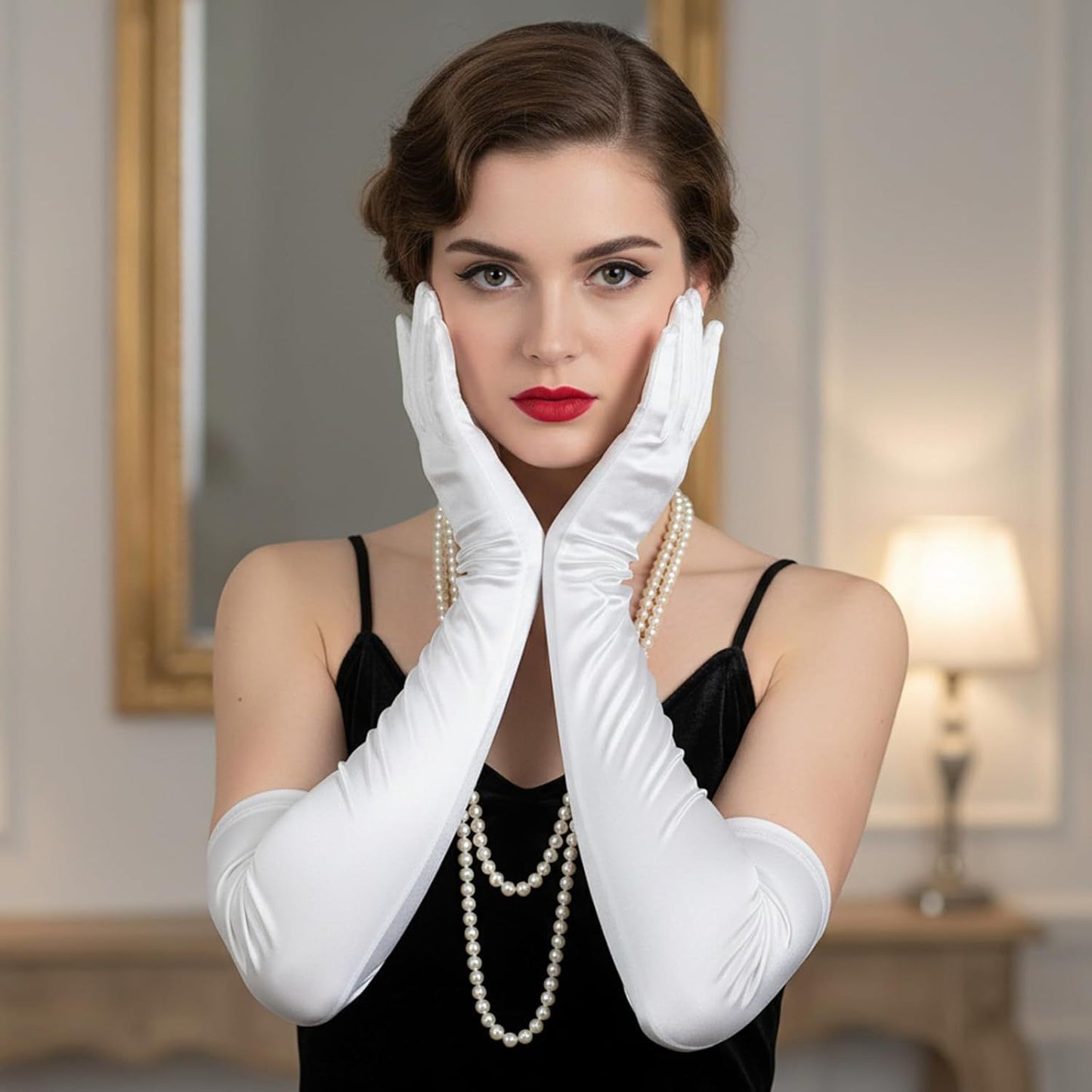 1 Pairs Women Long Gloves with Satin, White Opera Glove Elbow Length for Wedding 1920s Opera Tea Party Costumes Bridal Evening Dress up 20 Inch