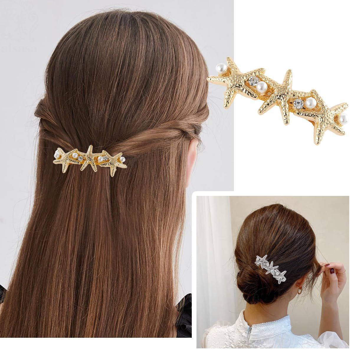 4 PCS Starfish Hair Barrettes for Women Girls Hair Clips Pearl Spring Hair Clip Accessories Women Fashion Ponytail Holders French Barrettes for Thick Hair Clips for Long Hair for Daily Use