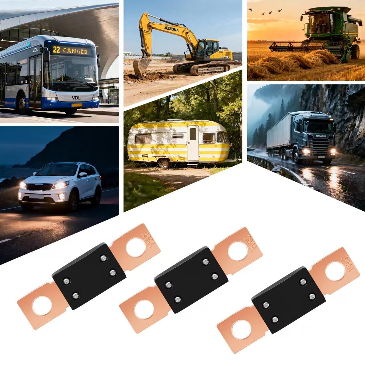 3Pcs High Current Bolt-on Fuses,300 Amp Fuses for Cars,Buses,Trucks,Construction Vehicles,Boats,Caravan Cars