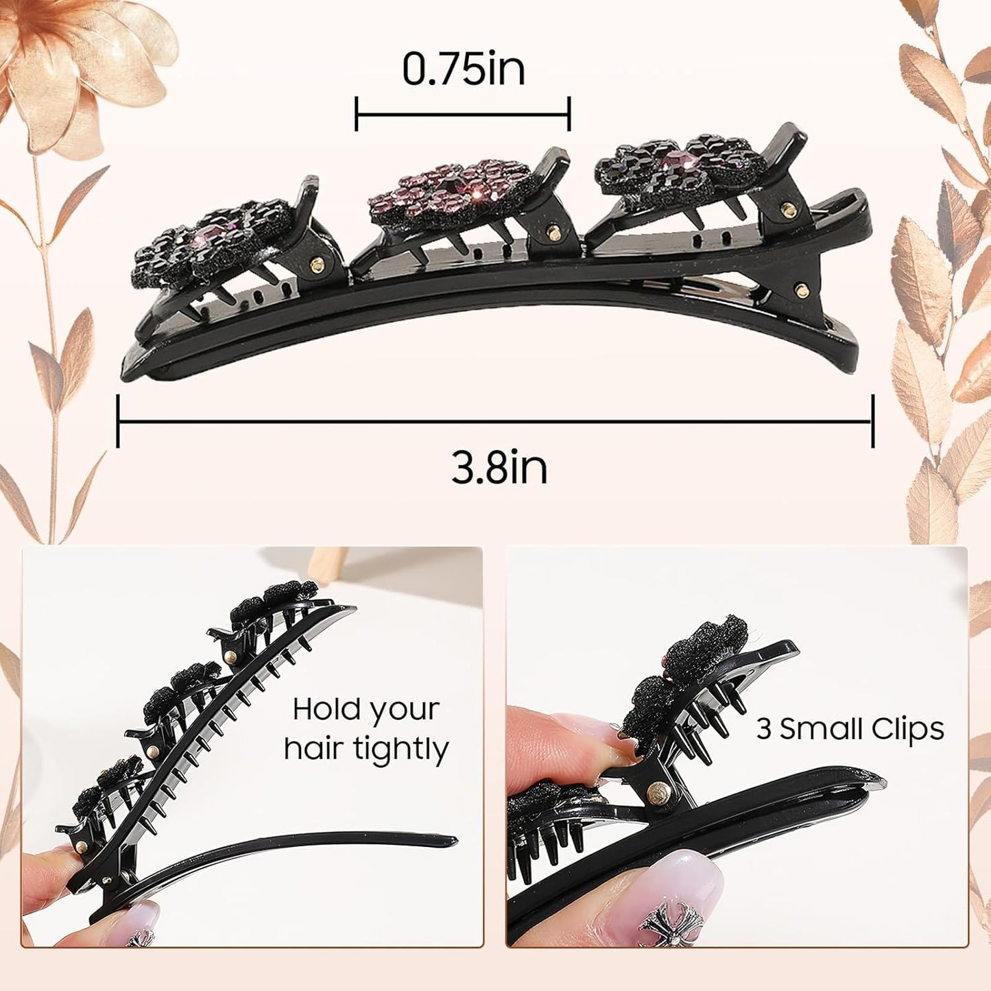 Braided Hair Clips For Women - Sparkling Crystal Stone Hair Clips For Styling Sectioning with 3 Small Hair Barrettes, Hair Accessories Four-Leaf Chopped with Rhinestones for Women& Girls 4 PCS (# 1)