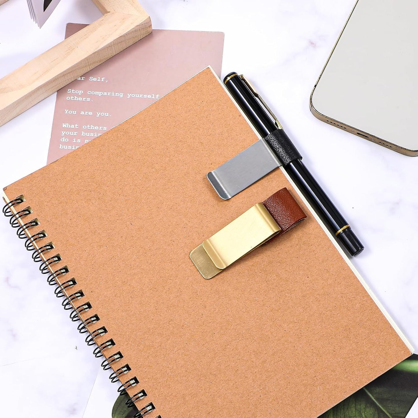 2 Pcs PU Leather Retro Notebook Pen Clips Metal Pen Loop Holder Sleeve - Silver & Gold
