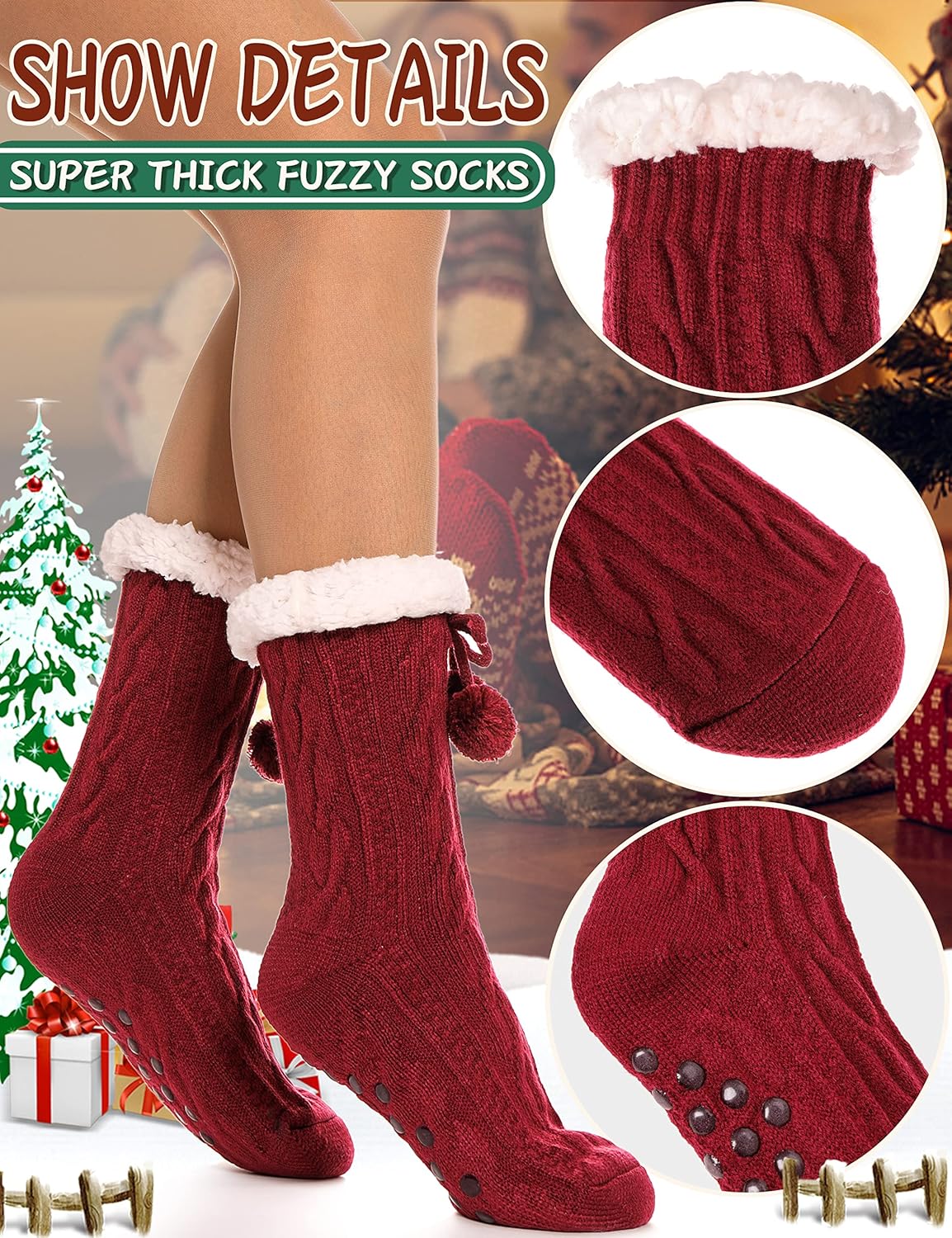 Slipper Fuzzy Socks for Women Fluffy Cozy Cabin Winter Warm Soft Fleece Comfy Thick Christmas Stocking Stuffer with Grips(Red)