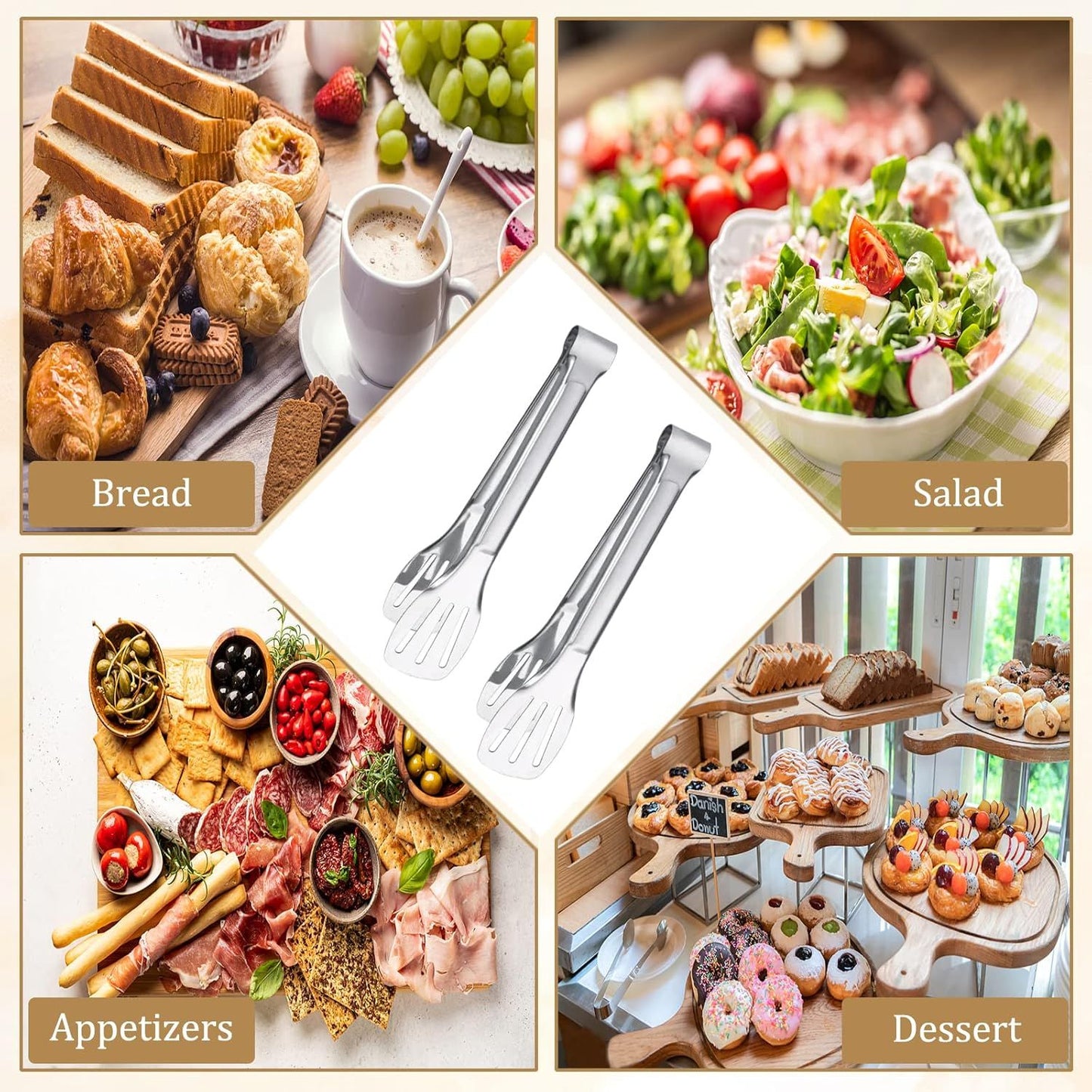 6PCS Serving Tongs, 7Inch Buffet Tongs, Stainless Steel Food Tong Small Serving Utensils for Cooking, Entertaining, Salad, Barbecue, Buffet, Toast and Steak by (Stainless buffet tongs)