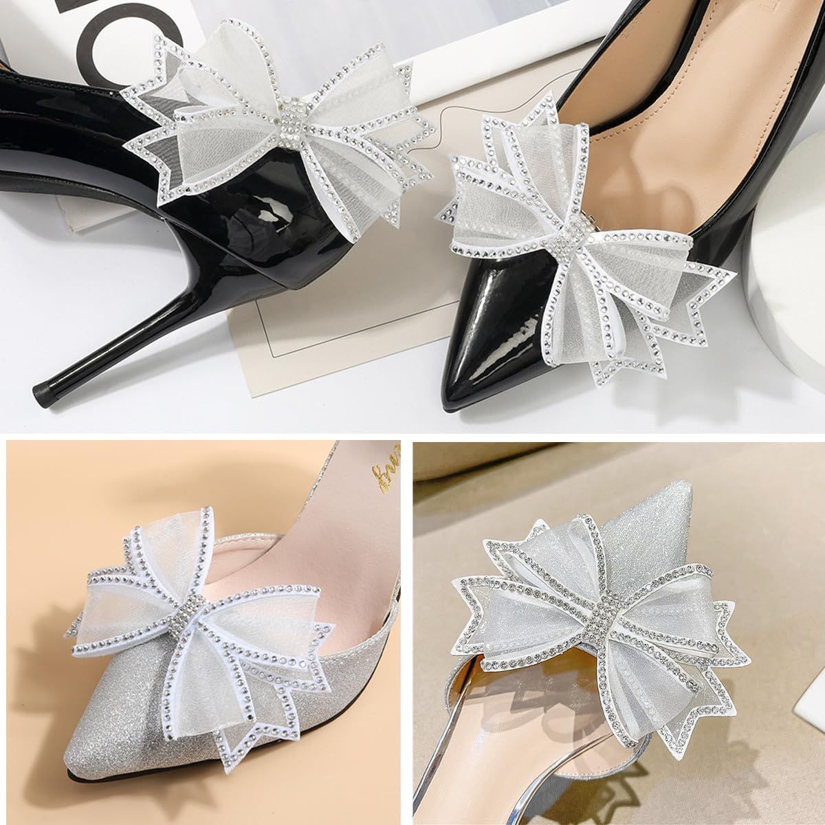 2 Pairs Bow Shoe Clips for Women Dress Shoes Mesh Bow Rhinestone Shoe Clip Detachable Classic Fashion Sparkling Bow Heels Shoe Charms Bridal Wedding Party Crystal Shoe Buckles