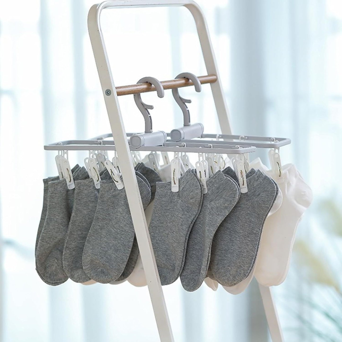 2 Pack Clothes Drying Rack with 12 Multiple Clips, Foldable Portable Travel Hanger for Socks Underwear Bras (White)