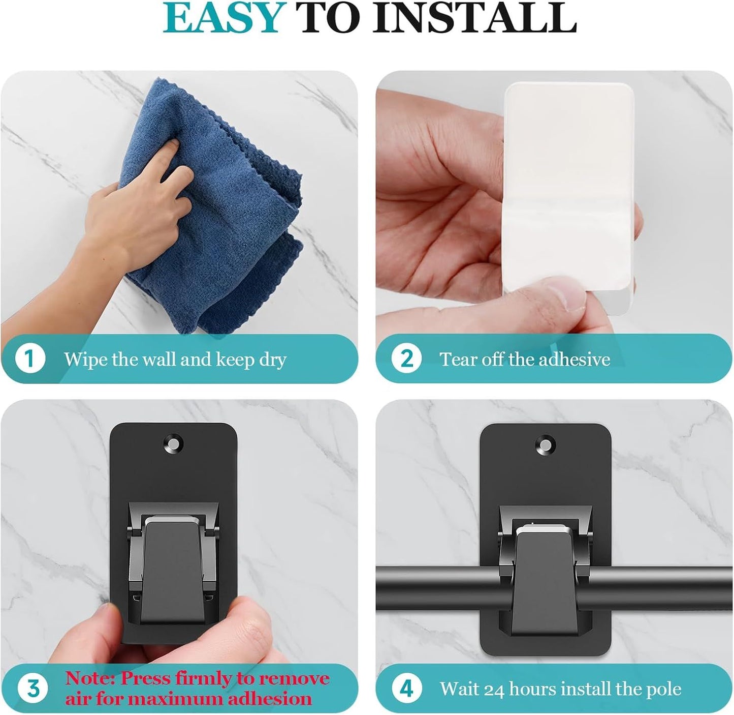 Adhesive No Drill Curtain Rod Brackets - Heavy Duty 30LB Holders for Bathroom Bedroom Kitchen, Universal Damage-Free Window Rod Hooks with Nail-Free Installation (4PC Black)